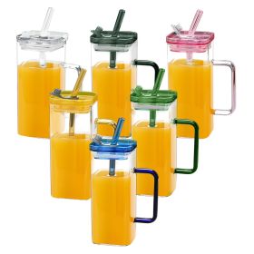 6 Pcs Glass Straw Cup, 6 Colors Square Glass Cup With Straw And Lid, High Borosilicate Glass Cup, Milk Cup, Juice Cup, Cold Drink Cup, Coffee Cup