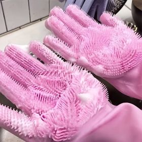 1pair Kitchen Silicone Dishwashing Gloves; Housework Cleaning Waterproof Insulation Magic Gloves; Dishwashing Brush (Color: Sky blue, Material: Silica Gel)